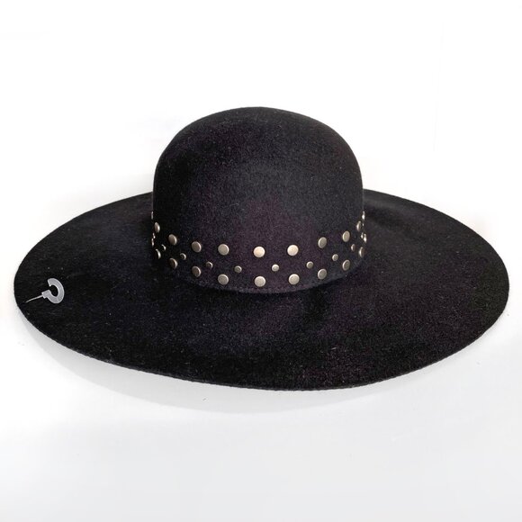 August Boho 100% Wool Black Floppy Wide Brim Hat with Studded Band